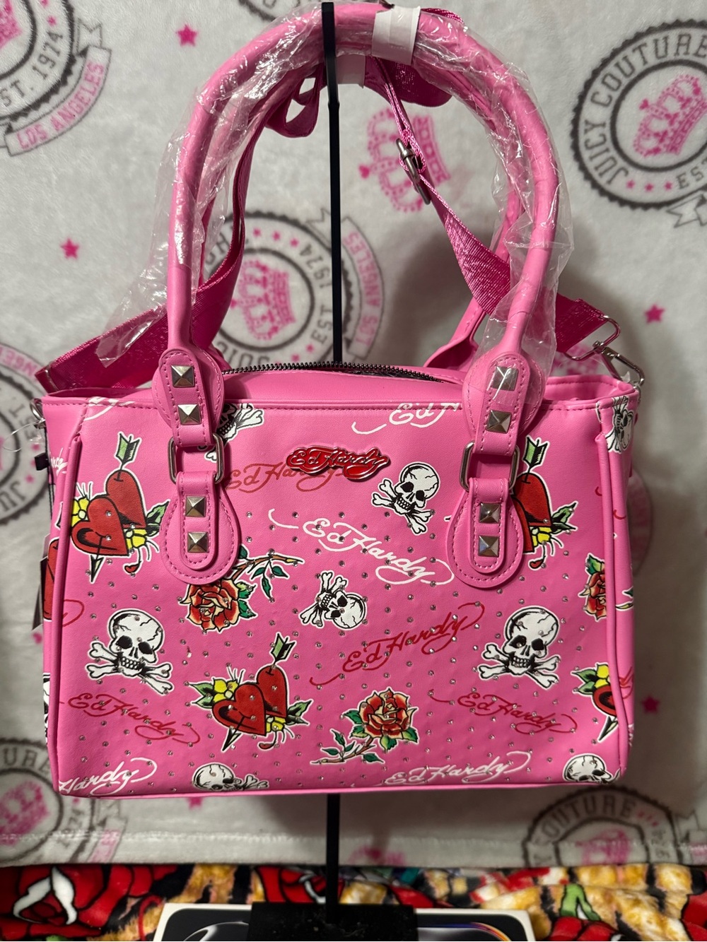 Ed Hardy Hot Pink Tattoo-Print Satchel